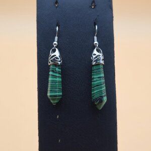 Silver Plated Over Copper Green Malachite Stone Vintage Earrings A5951